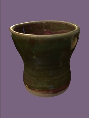 Hand-thrown Art Pottery 3.25” Green & Brown Vase/Cup, Cup Signed LT